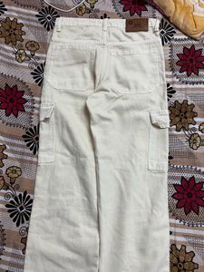 Cream Cargo Wide Leg Jeans