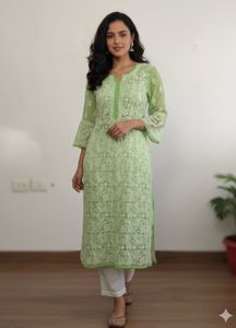 Green Chikankari Kurta Pure Kurti