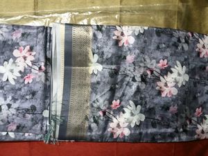 Floral Print Saree with SilverJariBorder+UnstitchB