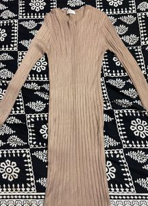 A Knit Ribbed Bodycon Dress In Beige Color