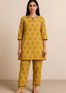 Elegant Yellow Cotton Kurti with Pant Set – Stylis