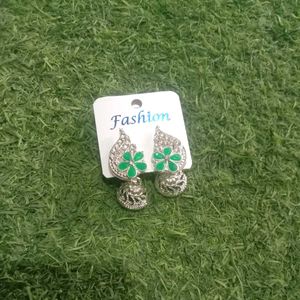 Green Flower Jhumka Earrings