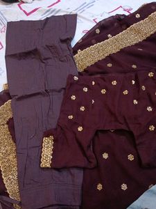 Maroon &amp; Gold Embroidered Saree Set