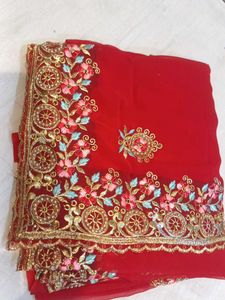 Cash Allow Red Embroidered Sari