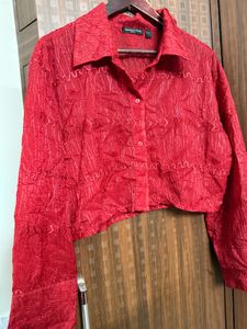 Red Cropped Embroidered Shirt
