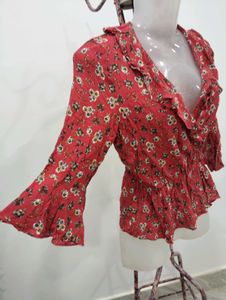 MNG Red Floral Wrap Top