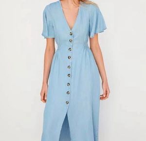 Light Wash Denim Button-Down Midi Dress