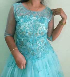 Princess Sky Blue Mirror Work Gown