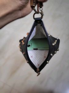 Black Leather Triangular Hand Purse With Gold Beads