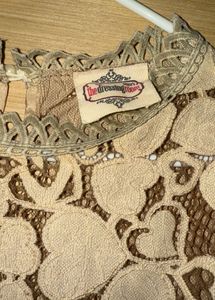 Beige Top With Pearl &amp; Lace Details Styled Sleeves