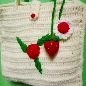 Crochet Strawberry Applique Tote Bag👜
