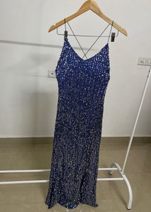 Backless Blue Sequins Strap Slit Midi Dress