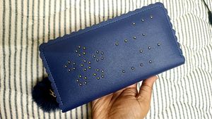 Navy Studded Wallet with Pom