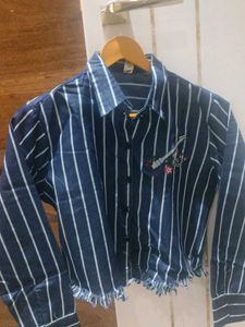 Navy Blue Cropped Stripes Shirt