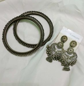 ethnic oxidised earrings and bangles combo