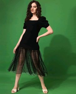 Puff Sleeve Square Neck Net Frill Flare Bodycon