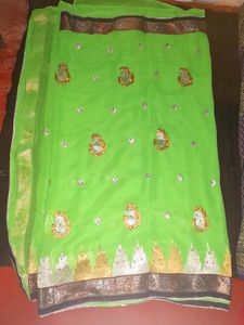 Green Embellished Saree With Stiched Blouse