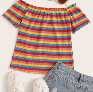 SHEIN Off Shoulder Rib-Knit Rainbow striped top
