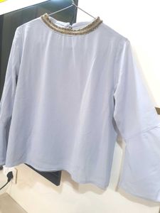 Silver Beaded Collar Blouse For Office