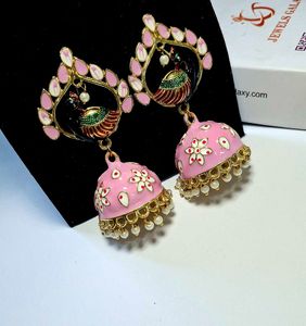 Elegant Pink Peacock Jhumka Earrings