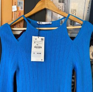 Zara Pointelle Blue Stretch Cold Shoulder Bodycon