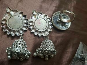 Oxidised Jhumka And Ring Peacock Feather Theme