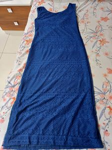 Navy Blue Long Dress With Side Slit Round Neck