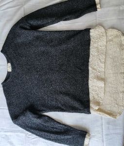 Gray Knit Sweater with Lace Trim