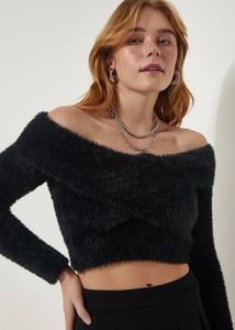 Korean Black Faux Fur Crop Top For Women
