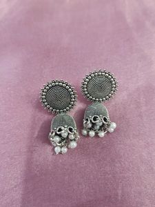 Silver Jhumka Earrings with Pearl Accents