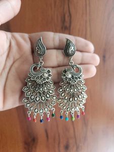 Silver Peacock Drop Earrings