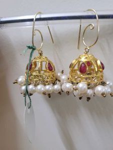 Golden Jhumka With White Beads