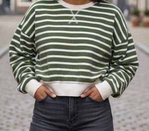 Striped Olive Green Cropped Sweatshirt