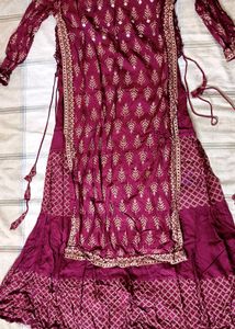Maroon & Gold Printed Kurti Set