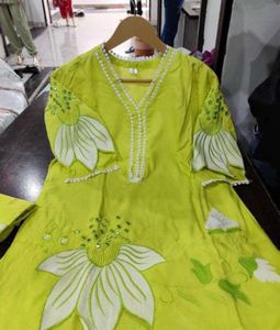 Lime Green Floral Embroidered Suit