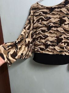 Brown Camouflage Print Top with Attached Inner