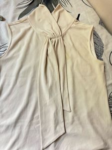 Beige Bow Neck Sleeveless Top