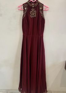 Burgundy Embellished Evening Gown