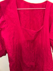 Red Puff Sleeve Button-Up Top