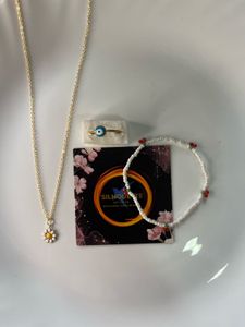 Daisy Necklace, Evil Eye Ring, Beaded Bracelet Set