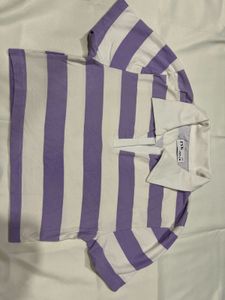 Lavender And White Strip Crop Polo Top
