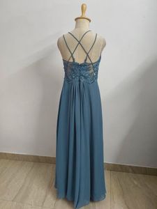 Elegant Blue Lace Bodice Maxi Dress