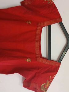 Red Colour Cotton Silk Kurti Golden Thread Work
