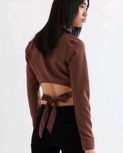 H &amp; M Brown Back Tie Crop Shirt
