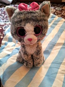 Ty Beanie Boo  Grey And White Cat Pink Glitter Eye