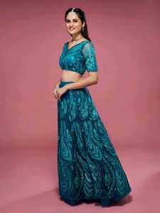 Teal - Net Embroidered Floral Sequins Semi-Stitche