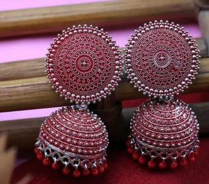Red Oxidised Jhumka Earrings