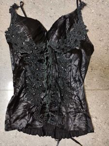 Black lace and stone detail satin cami top