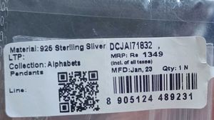 925 Real Silver &#34;D&#34; Alphabet Pendant