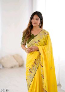 Elegant Yellow Embroidered Premium Chinon Silk Sar